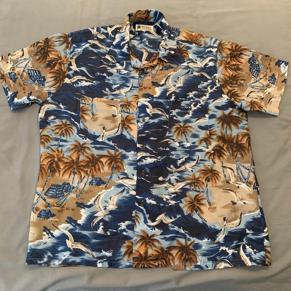 Waikiki Holiday Shirt Mens Large Blue Hawaiian Short Sleeve Button Front‎ Casual